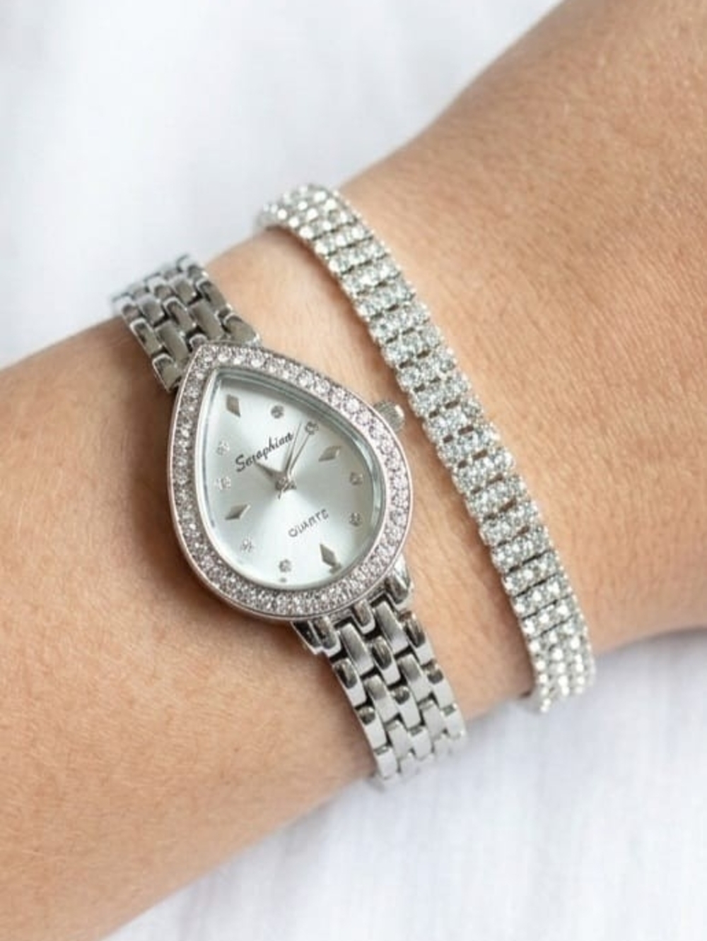 Silver Teardrop Crystal Women's Watch And A Bracelet